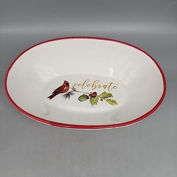 Certified International Red Cardinal Celebrate Christmas Oval Bowl Ceramic - Picture 1 of 7